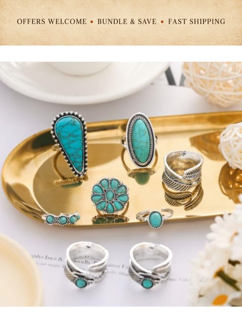 Boho Turquoise Stackable Open Midi Rings Adjustable Alloy - Picture 2 of 5